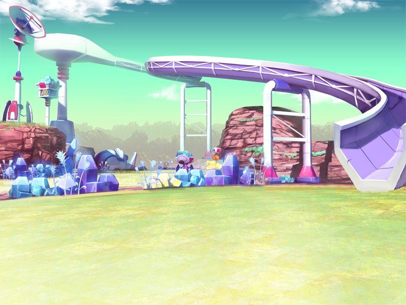Campo do PangYa numa cidade futurista, com trilho suspenso