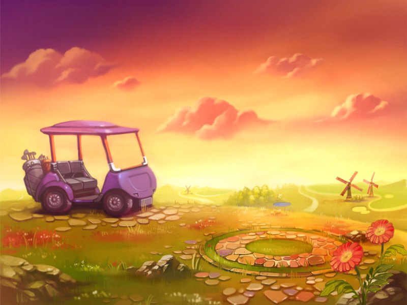 Campo do PangYa ao pôr do sol, com um carrinho de golfe